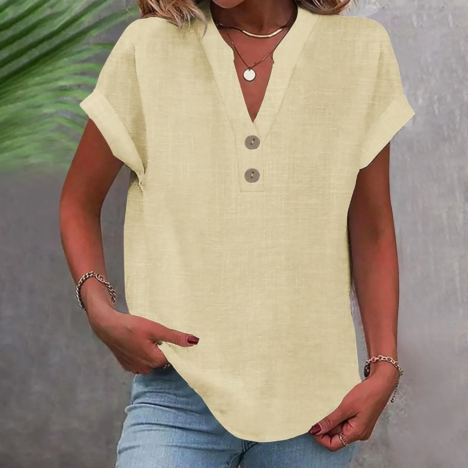 Linen Shirts for Women 2025 Summer Casual Button Down V Neck Short Sleeve Tops Comfy Trendy Business Work Blouses