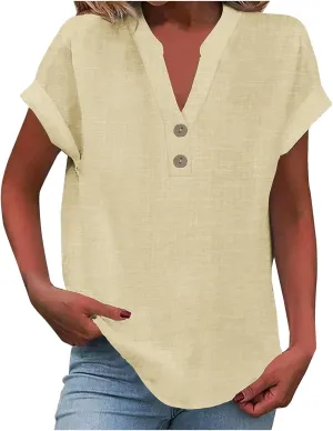 Linen Shirts for Women 2025 Summer Casual Button Down V Neck Short Sleeve Tops Comfy Trendy Business Work Blouses