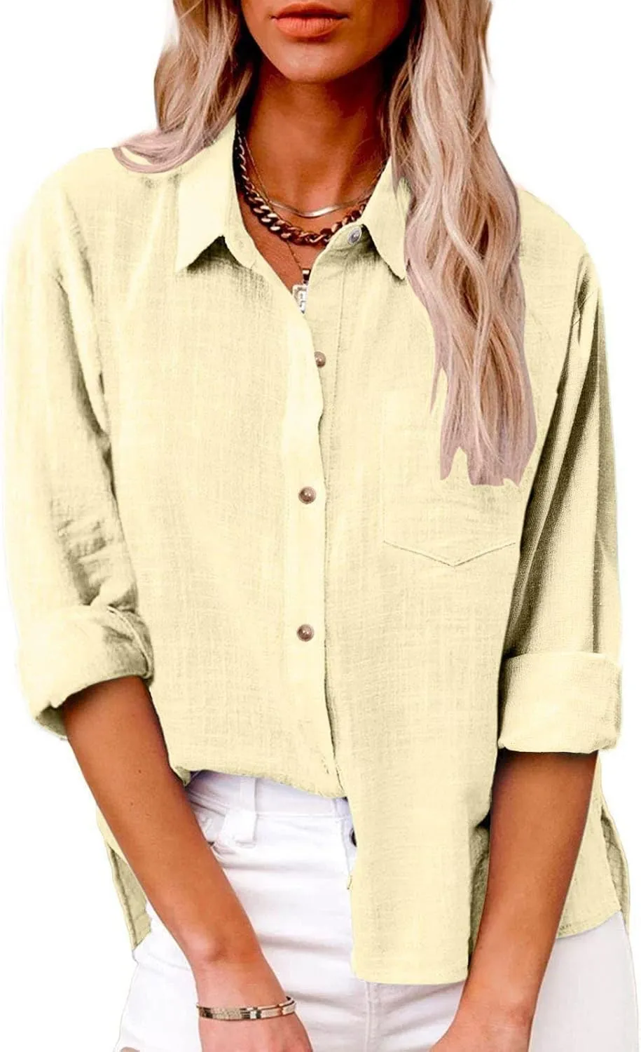 Linen Shirts for Women Down Shirt 2025 Spring Casual Long Sleeve Solid Color Shirts Loose Work Tops with Pockets