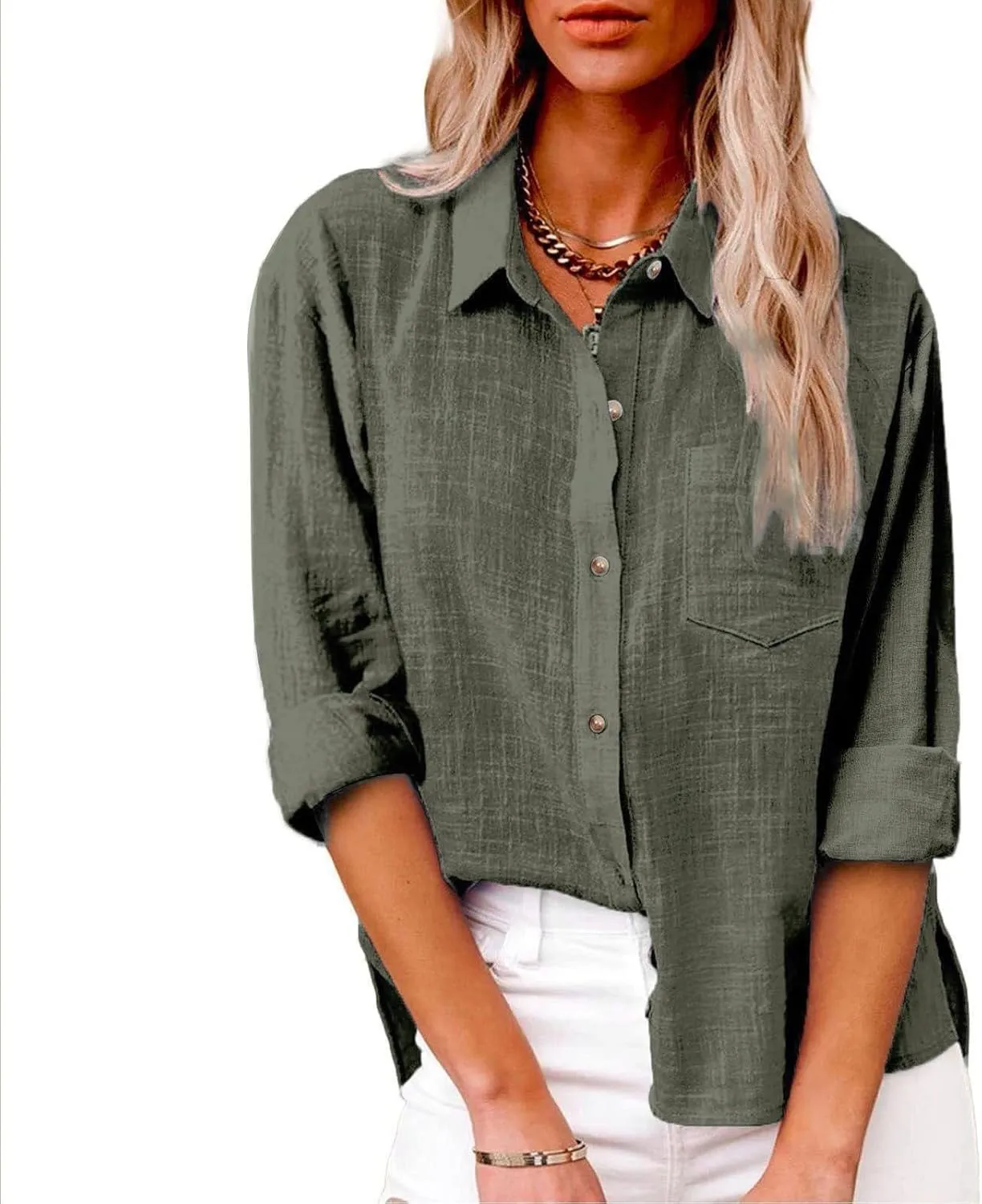 Linen Shirts for Women Down Shirt 2025 Spring Casual Long Sleeve Solid Color Shirts Loose Work Tops with Pockets