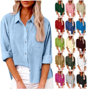 Linen Shirts for Women Down Shirt 2025 Spring Casual Long Sleeve Solid Color Shirts Loose Work Tops with Pockets