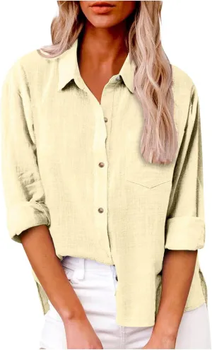 Linen Shirts for Women Down Shirt 2025 Spring Casual Long Sleeve Solid Color Shirts Loose Work Tops with Pockets
