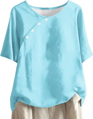Linen Shirts for Women Short Sleeve,Summer Floral Embroidery Summer Casual T Shirt Crewneck Beach Tunic Tops 2025