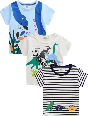 LOKTARC Boys Dinosaur T-Shirts Crewneck Short Sleeve Shirts 3-Pack Toddler Tops