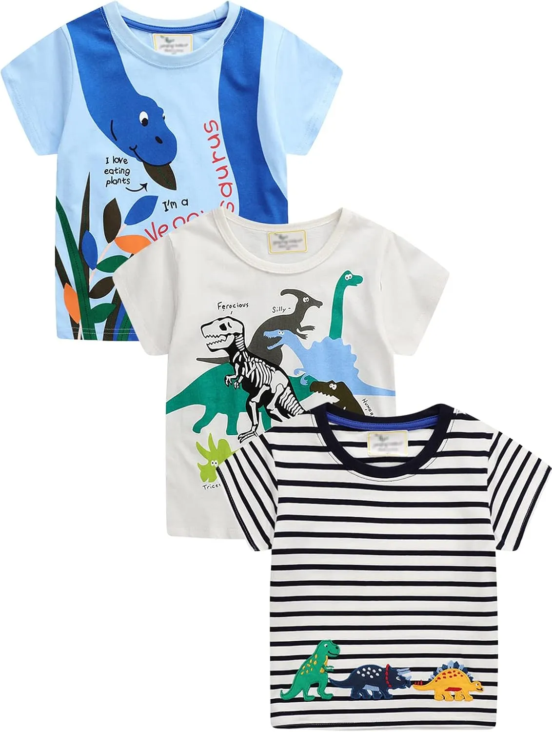 LOKTARC Boys Dinosaur T-Shirts Crewneck Short Sleeve Shirts 3-Pack Toddler Tops