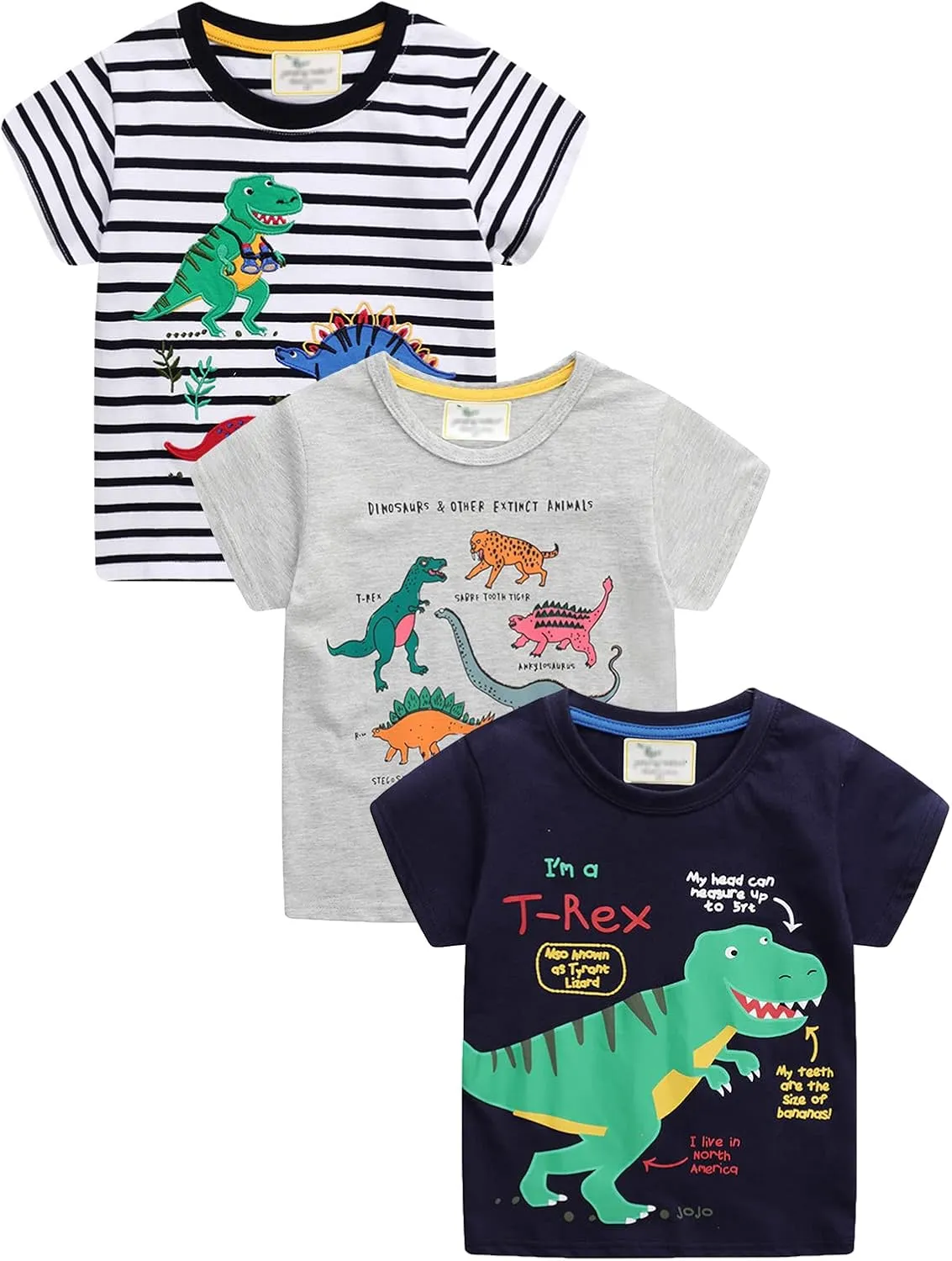 LOKTARC Boys Dinosaur T-Shirts Crewneck Short Sleeve Shirts 3-Pack Toddler Tops