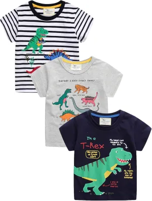 LOKTARC Boys Dinosaur T-Shirts Crewneck Short Sleeve Shirts 3-Pack Toddler Tops