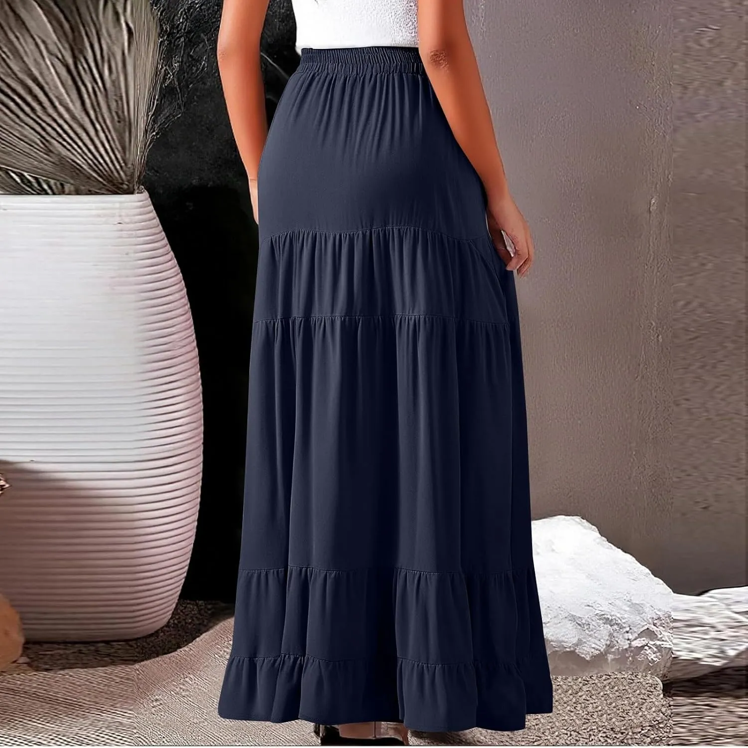 Long Skirts for Women Trendy 2025 Boho Elastic High Waisted Tiered Maxi Skirt Summer Casual Flowy Light Comfy Skirt
