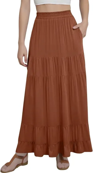 Long Skirts for Women Trendy 2025 Boho Elastic High Waisted Tiered Maxi Skirt Summer Casual Flowy Light Comfy Skirt