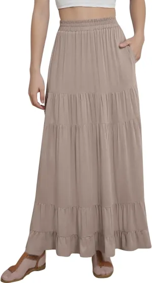 Long Skirts for Women Trendy 2025 Boho Elastic High Waisted Tiered Maxi Skirt Summer Casual Flowy Light Comfy Skirt