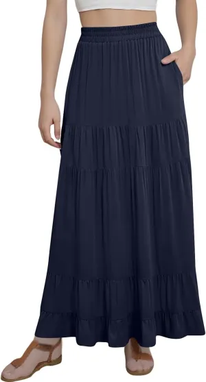 Long Skirts for Women Trendy 2025 Boho Elastic High Waisted Tiered Maxi Skirt Summer Casual Flowy Light Comfy Skirt