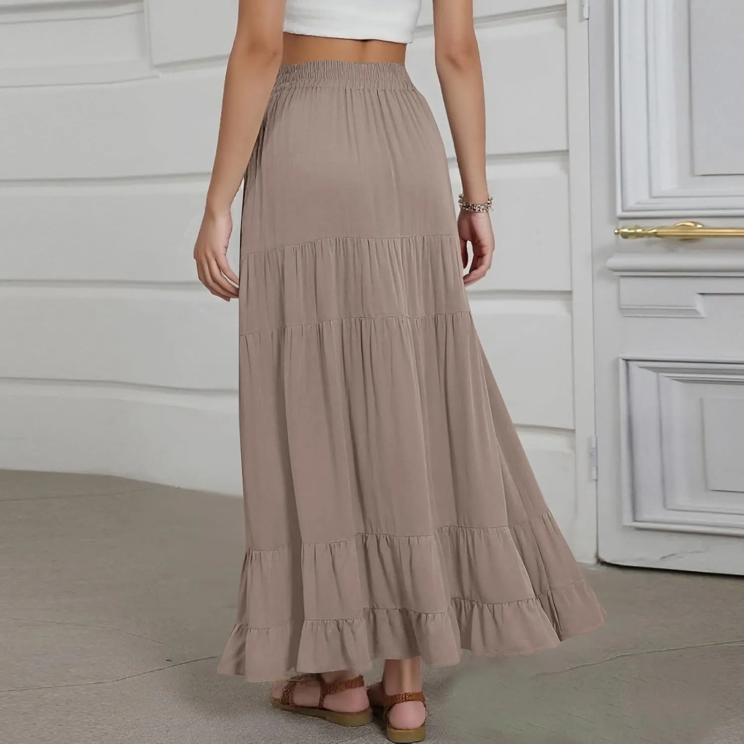 Long Skirts for Women Trendy 2025 Boho Elastic High Waisted Tiered Maxi Skirt Summer Casual Flowy Light Comfy Skirt