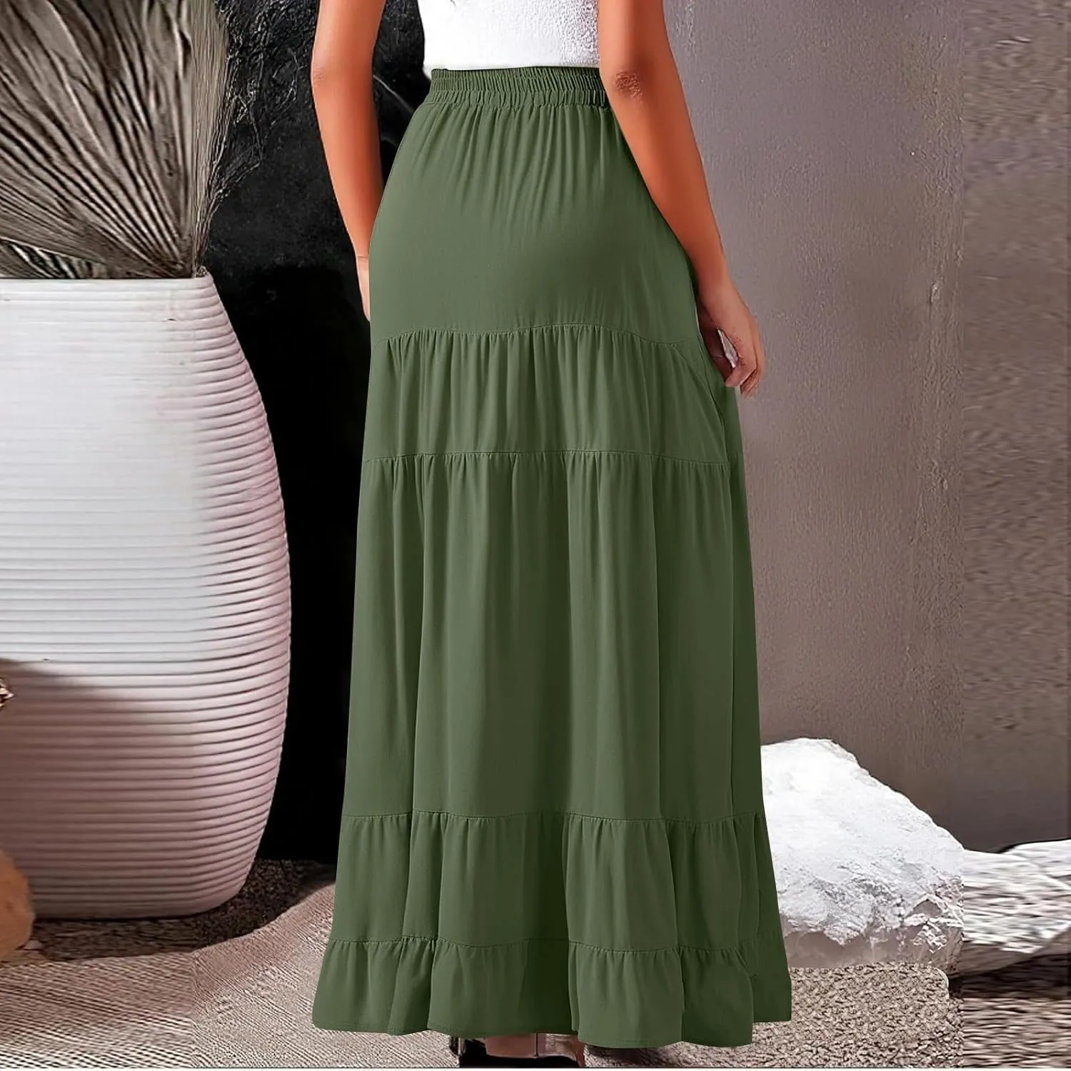 Long Skirts for Women Trendy 2025 Boho Elastic High Waisted Tiered Maxi Skirt Summer Casual Flowy Light Comfy Skirt