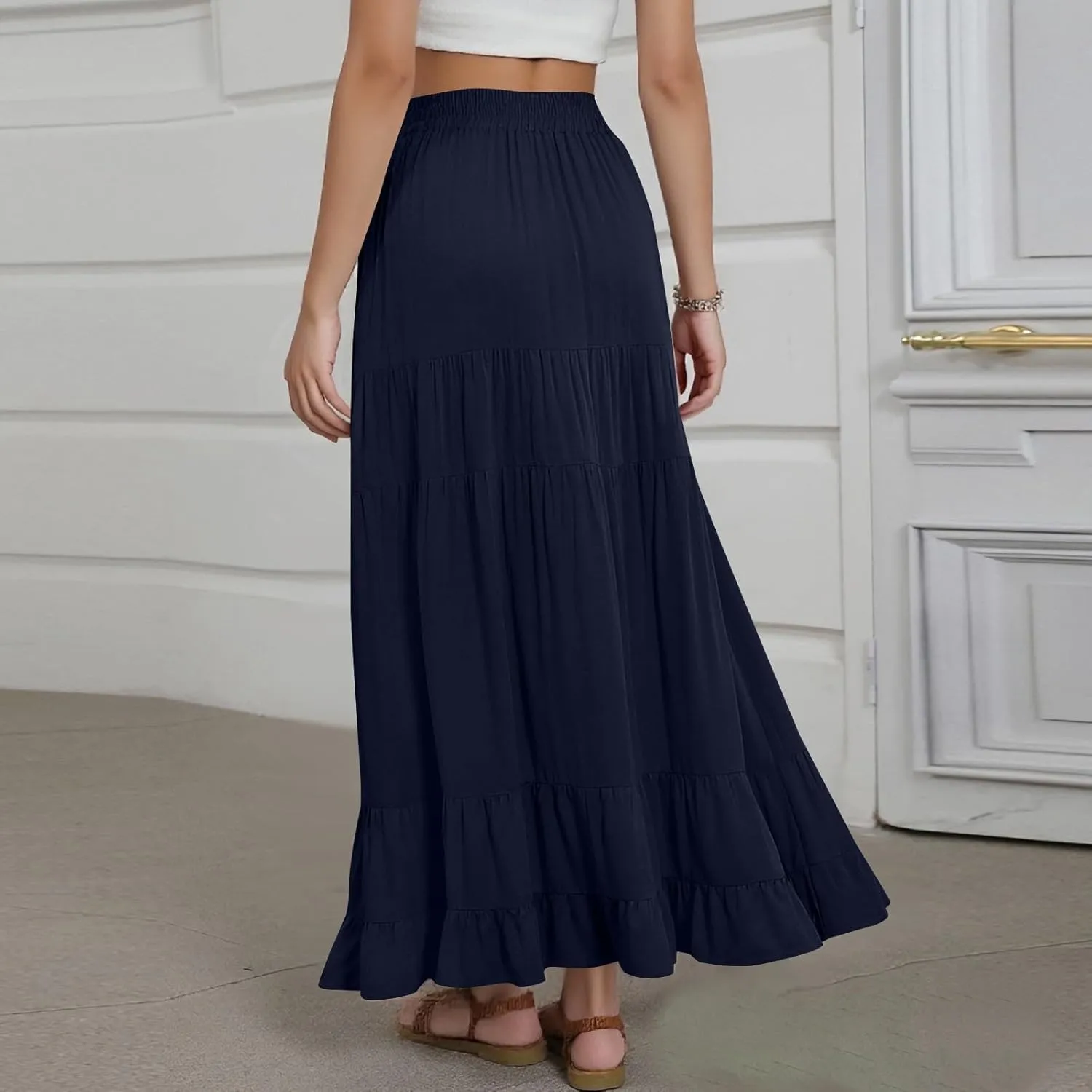 Long Skirts for Women Trendy 2025 Boho Elastic High Waisted Tiered Maxi Skirt Summer Casual Flowy Light Comfy Skirt