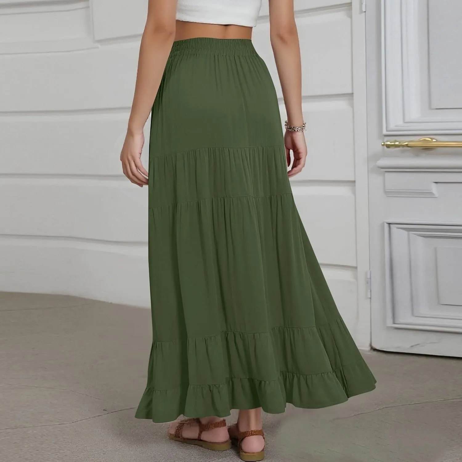 Long Skirts for Women Trendy 2025 Boho Elastic High Waisted Tiered Maxi Skirt Summer Casual Flowy Light Comfy Skirt