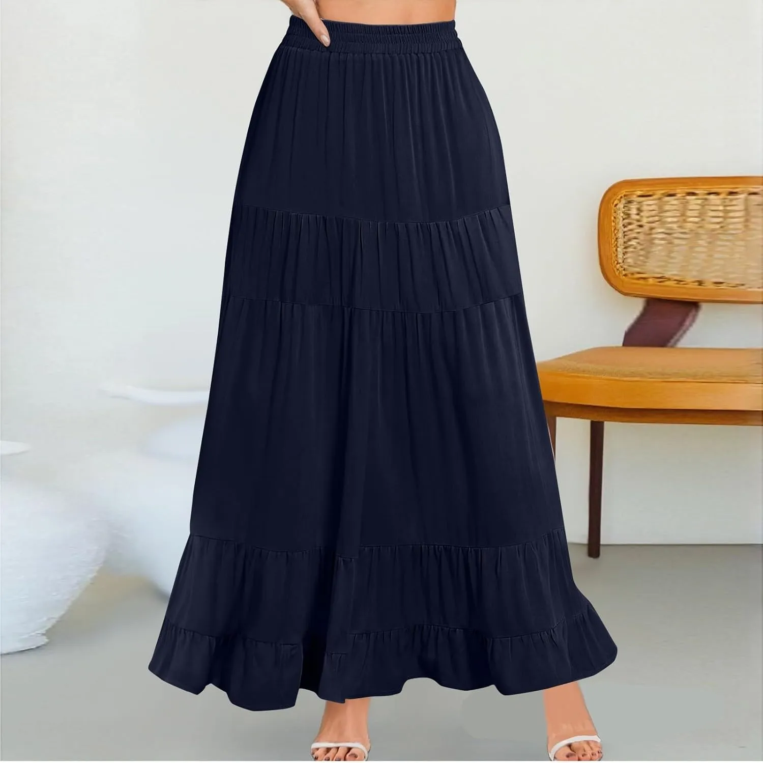 Long Skirts for Women Trendy 2025 Boho Elastic High Waisted Tiered Maxi Skirt Summer Casual Flowy Light Comfy Skirt