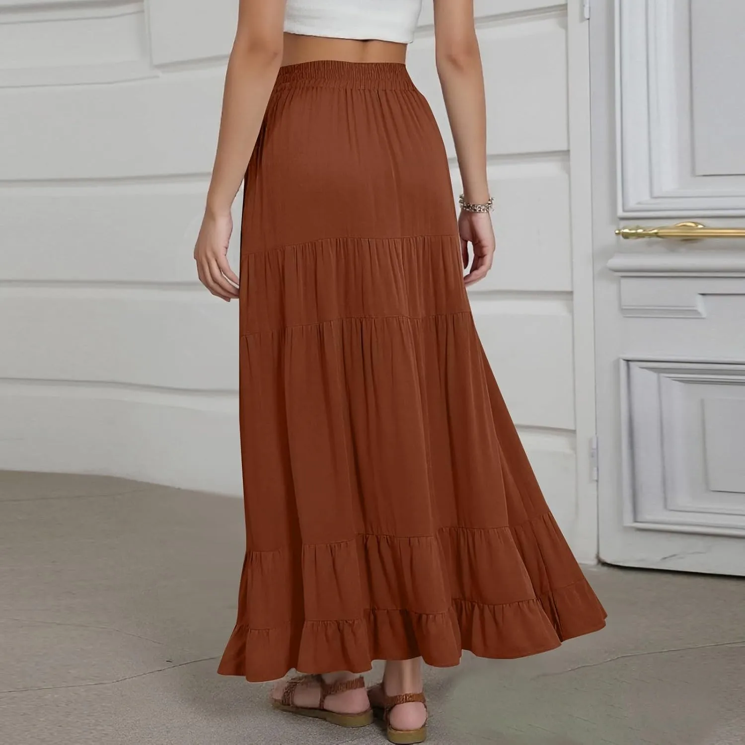 Long Skirts for Women Trendy 2025 Boho Elastic High Waisted Tiered Maxi Skirt Summer Casual Flowy Light Comfy Skirt