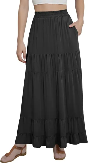 Long Skirts for Women Trendy 2025 Boho Elastic High Waisted Tiered Maxi Skirt Summer Casual Flowy Light Comfy Skirt