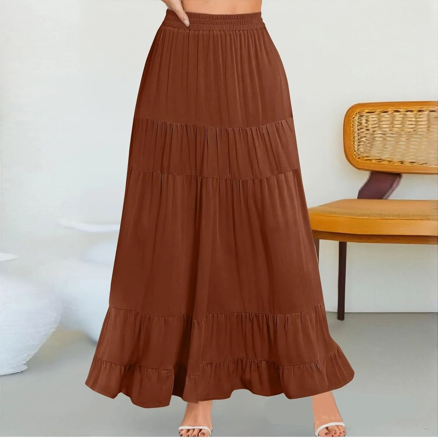 Long Skirts for Women Trendy 2025 Boho Elastic High Waisted Tiered Maxi Skirt Summer Casual Flowy Light Comfy Skirt