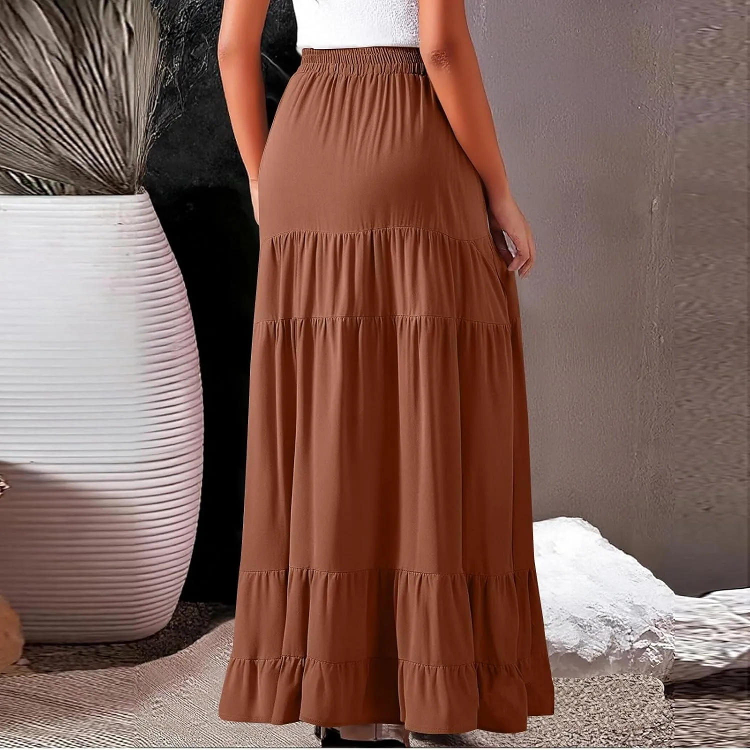 Long Skirts for Women Trendy 2025 Boho Elastic High Waisted Tiered Maxi Skirt Summer Casual Flowy Light Comfy Skirt