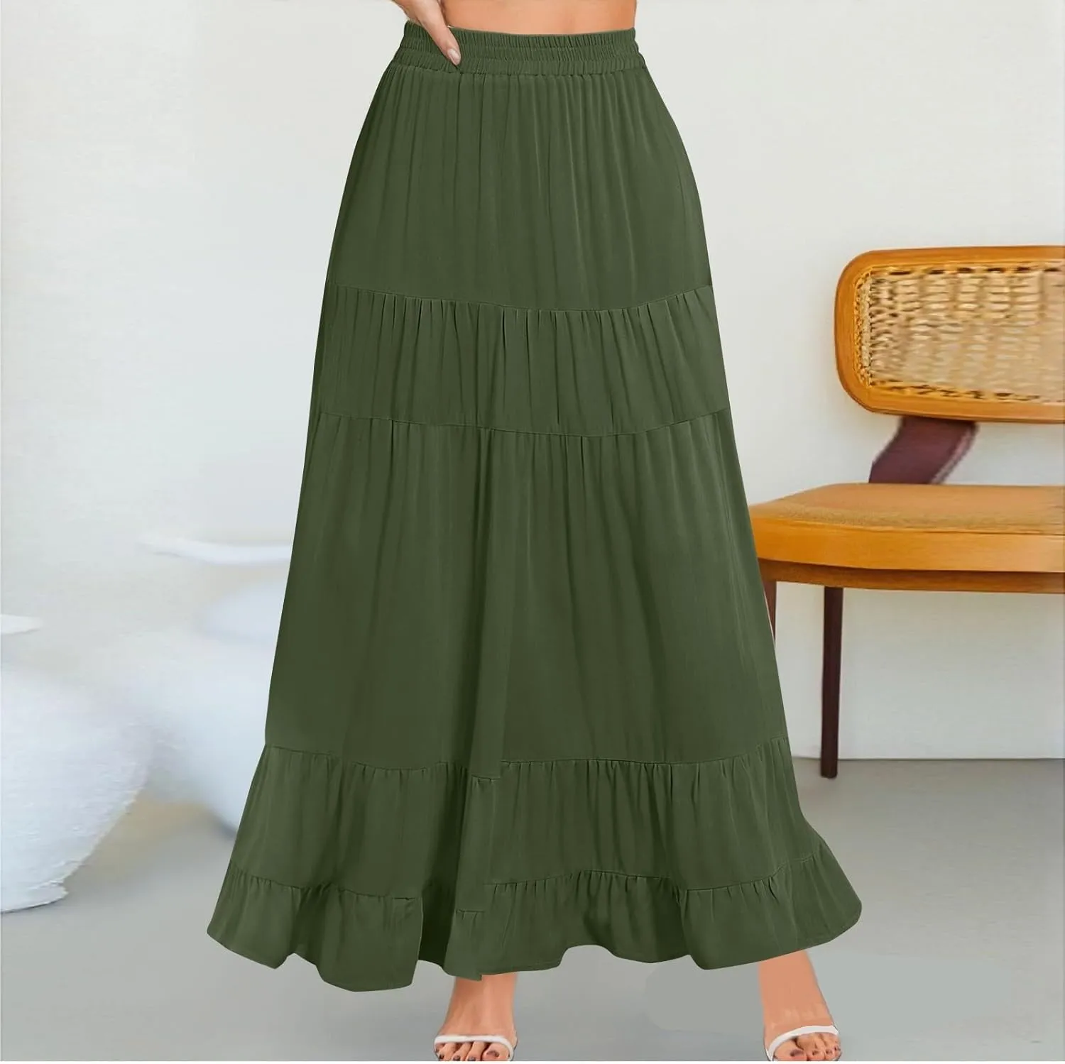 Long Skirts for Women Trendy 2025 Boho Elastic High Waisted Tiered Maxi Skirt Summer Casual Flowy Light Comfy Skirt
