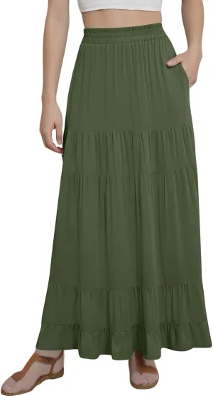 Long Skirts for Women Trendy 2025 Boho Elastic High Waisted Tiered Maxi Skirt Summer Casual Flowy Light Comfy Skirt