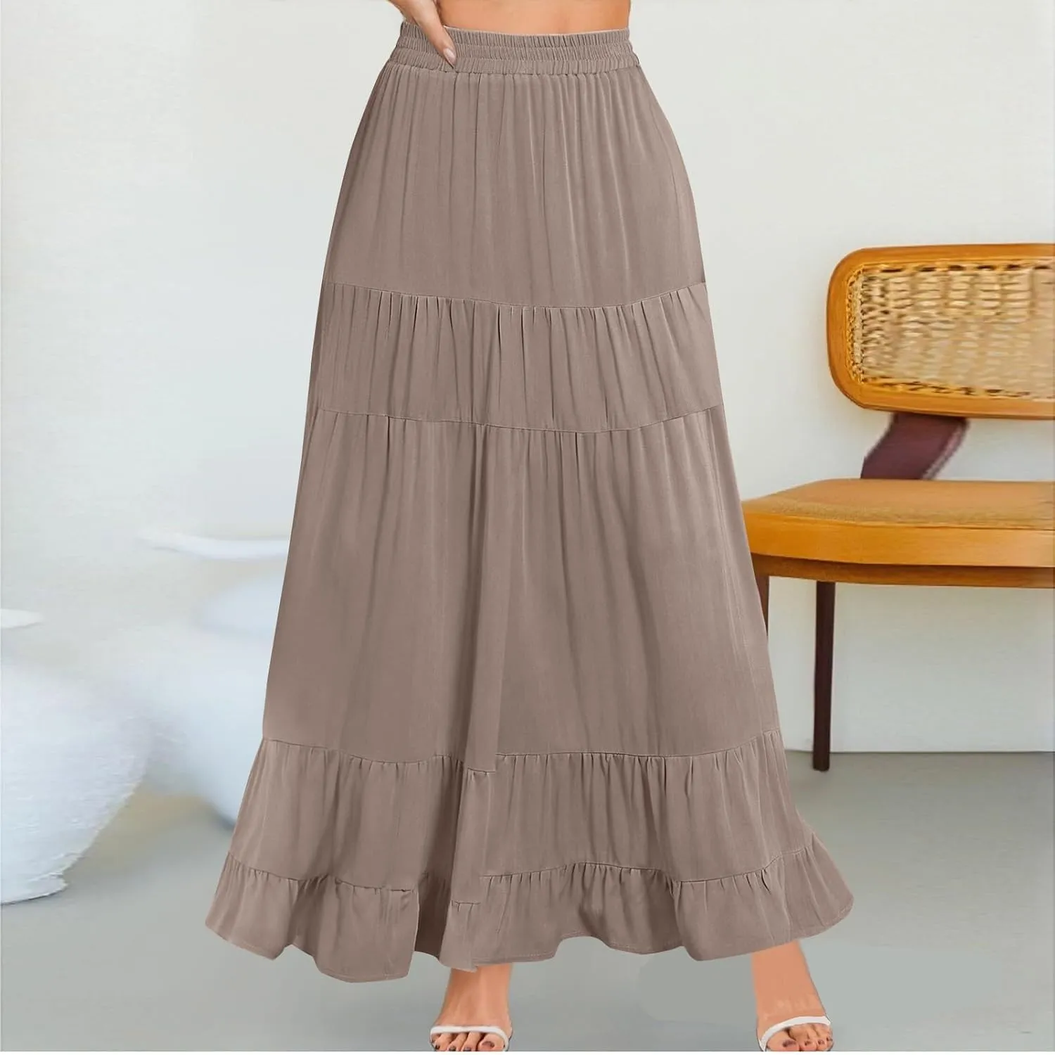 Long Skirts for Women Trendy 2025 Boho Elastic High Waisted Tiered Maxi Skirt Summer Casual Flowy Light Comfy Skirt