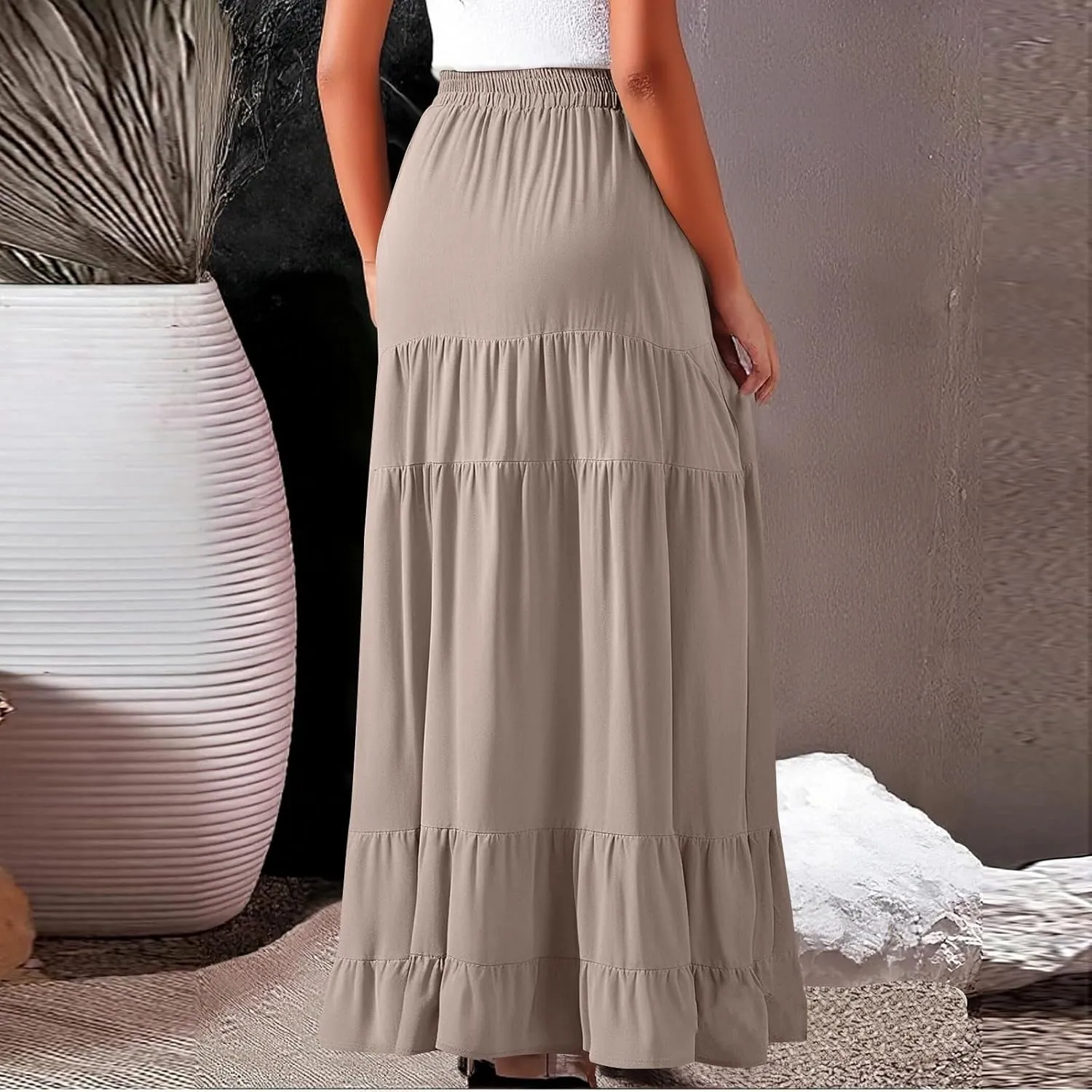 Long Skirts for Women Trendy 2025 Boho Elastic High Waisted Tiered Maxi Skirt Summer Casual Flowy Light Comfy Skirt