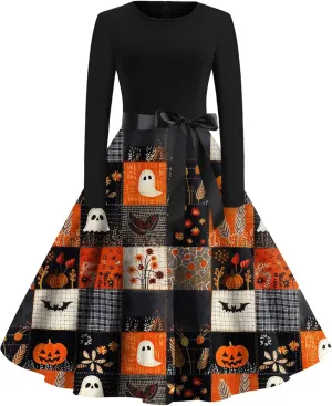 Long Sleeve Dresses for Women Fall Plus Size Crew Neck Party Hem Dress Casual Vintage Halloween Printed Swing Dress