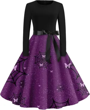 Long Sleeve Dresses for Women Fall Plus Size Crew Neck Party Hem Dress Casual Vintage Halloween Printed Swing Dress