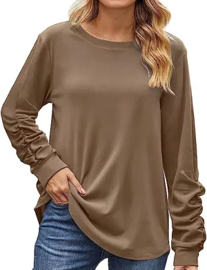 Long Sleeve Shirts for Women Fall Dressy Crewneck Solid Pleated Cuff Loose Comfy Tunic Tops Lightweight Work T Shirt