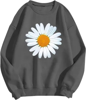 Loose Hoodie for Girls Floral Printed Long Sleeve Crewneck Relaxed Fit Pullover Tops Vintage Streetwear Sweatshirts