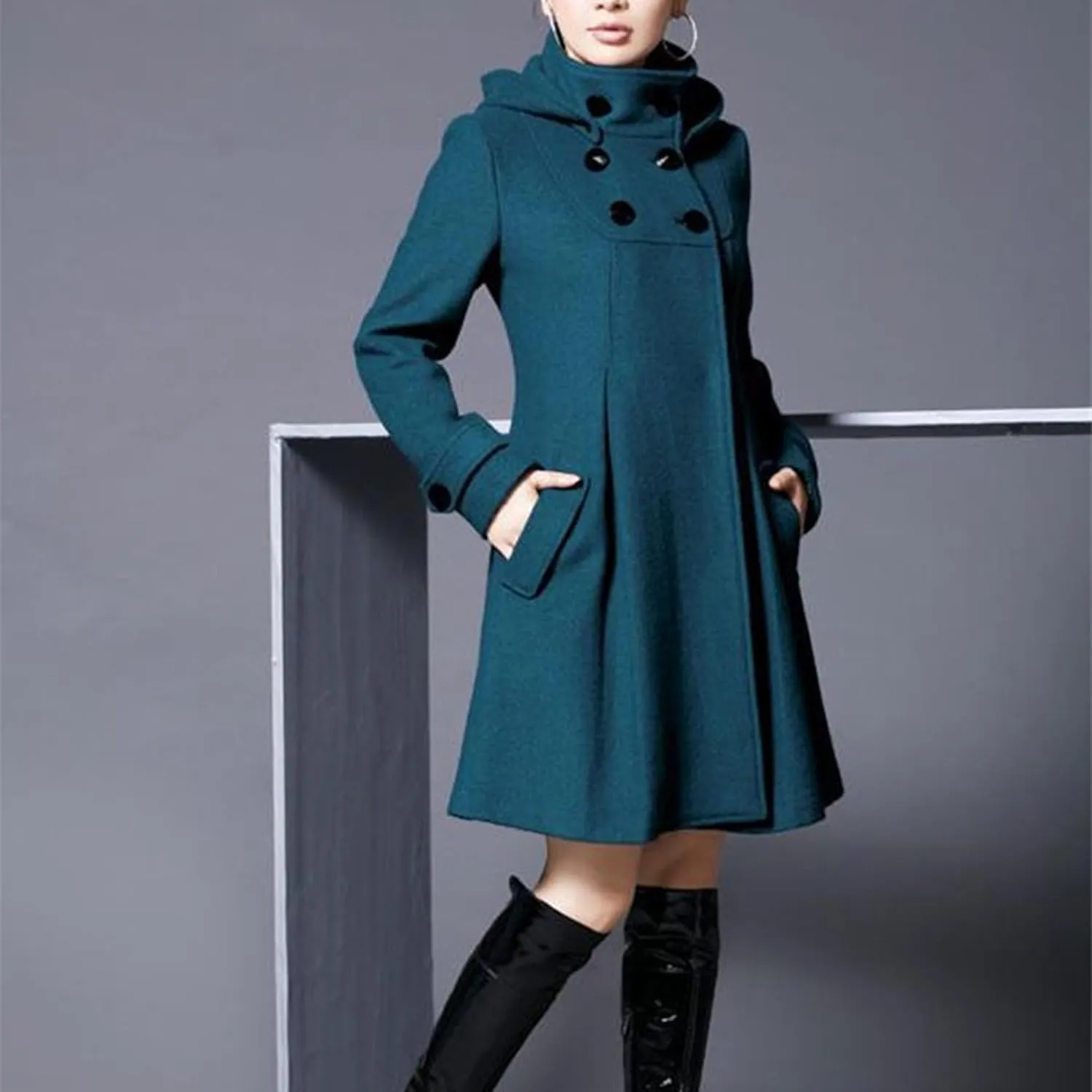 Maiyifu-GJ Womens Double Breasted Wool Blend Trench Coats Mid-Long Stand Collar Long Sleeve Dresses Overcoat Hooded Coat