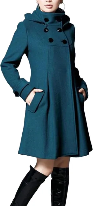 Maiyifu-GJ Womens Double Breasted Wool Blend Trench Coats Mid-Long Stand Collar Long Sleeve Dresses Overcoat Hooded Coat