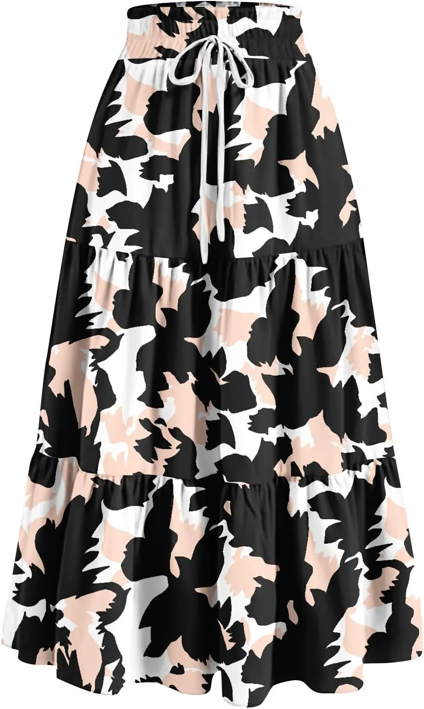 Maxi Skirts for Women Summer Boho Floral High Waisted Skirts Flowy Swing Pleated A-Line Beach Tiered Long Skirts