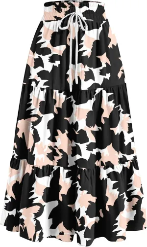 Maxi Skirts for Women Summer Boho Floral High Waisted Skirts Flowy Swing Pleated A-Line Beach Tiered Long Skirts