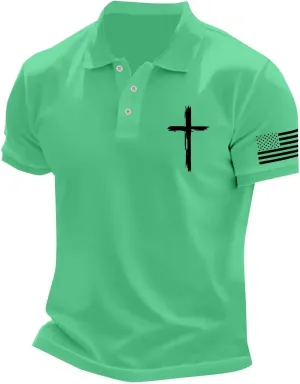 Mens 4th of July Patriotic Polo Shirts Button Lapel American Flag Golf Shirts Cross Nail Embroidered Basic Tees Tops