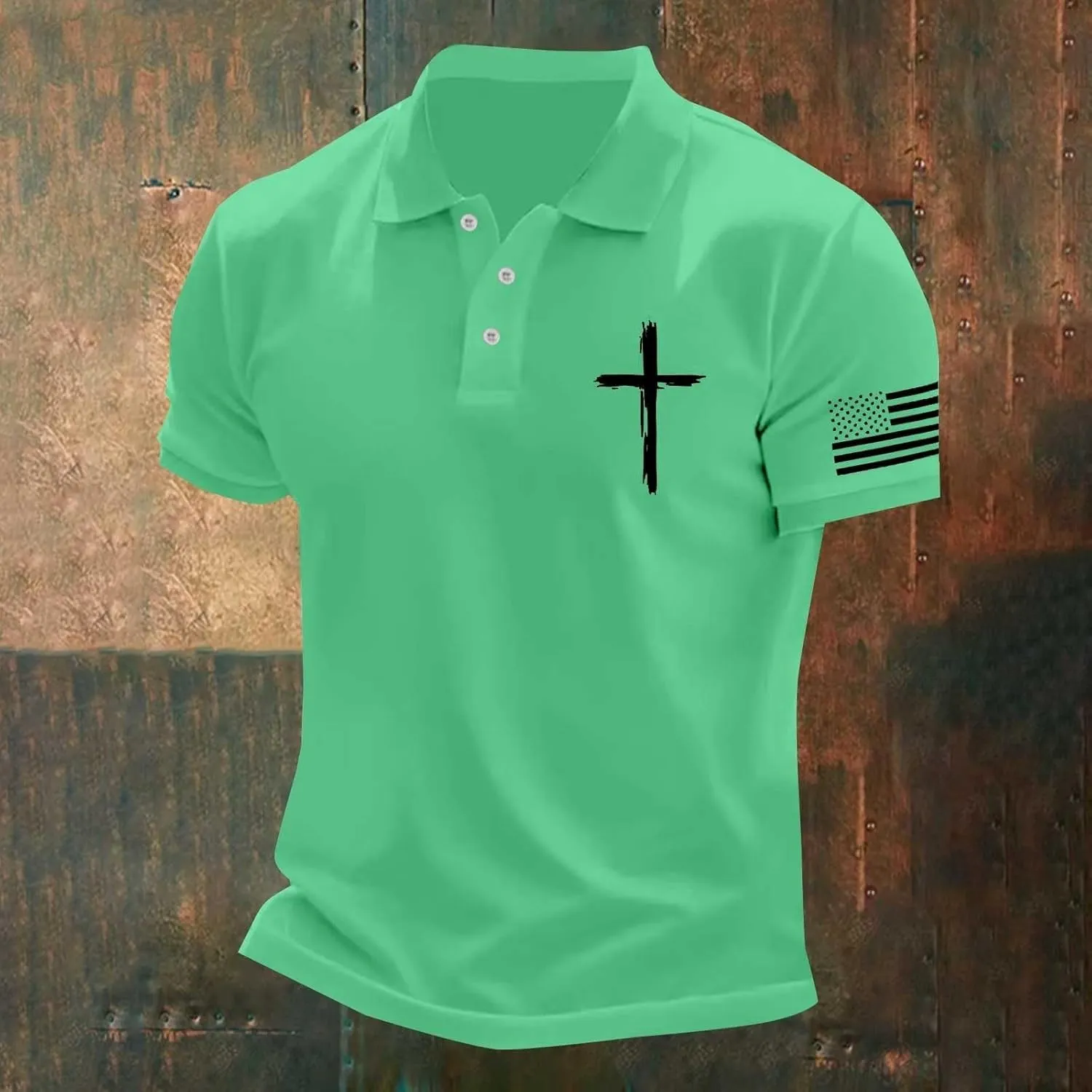 Mens 4th of July Patriotic Polo Shirts Button Lapel American Flag Golf Shirts Cross Nail Embroidered Basic Tees Tops