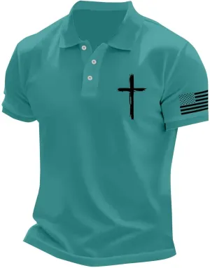 Mens 4th of July Patriotic Polo Shirts Button Lapel American Flag Golf Shirts Cross Nail Embroidered Basic Tees Tops