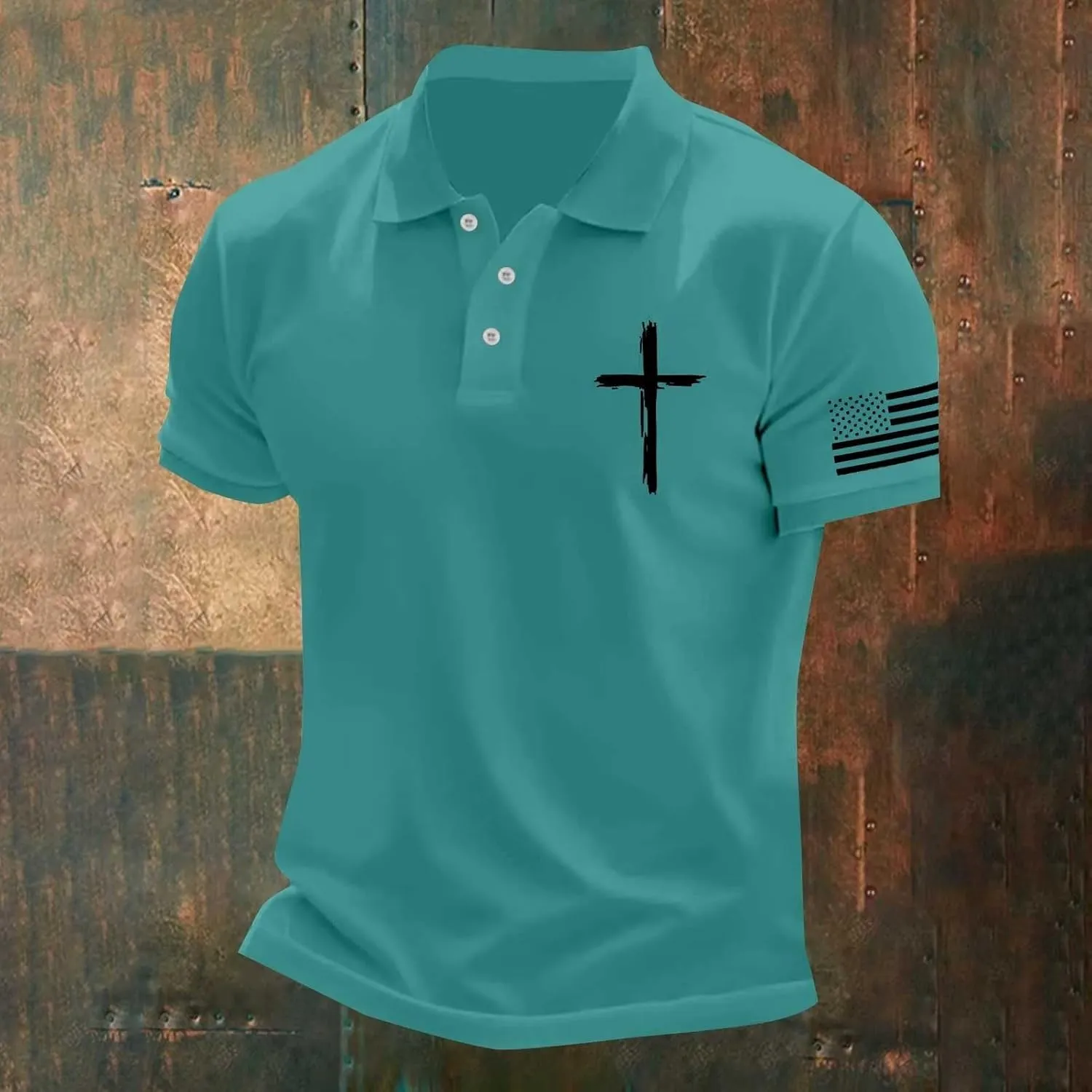 Mens 4th of July Patriotic Polo Shirts Button Lapel American Flag Golf Shirts Cross Nail Embroidered Basic Tees Tops