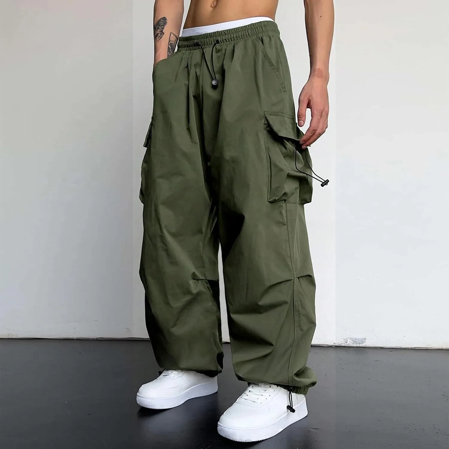 Mens Baggy Cargo Pants Trendy Casual Parachute Pants Plus Size Drawstring Sweatpants Loose Harem Joggers Streetwear