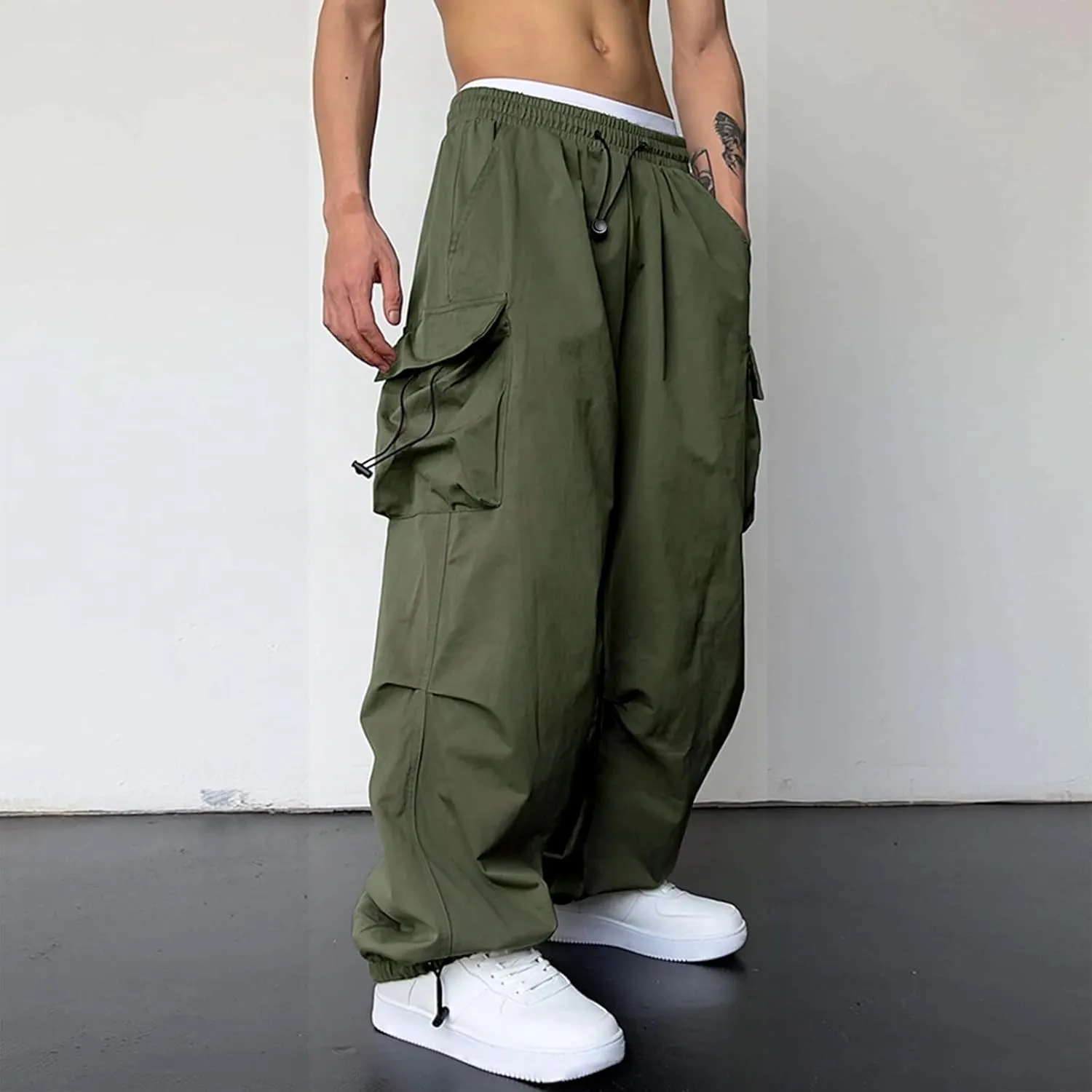 Mens Baggy Cargo Pants Trendy Casual Parachute Pants Plus Size Drawstring Sweatpants Loose Harem Joggers Streetwear