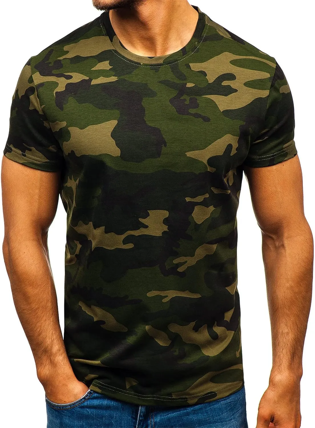 Mens Camouflage Short Sleeve T-Shirts Military Crewneck Camo Athletic Shirts Summer Lightweight Pullover Tops