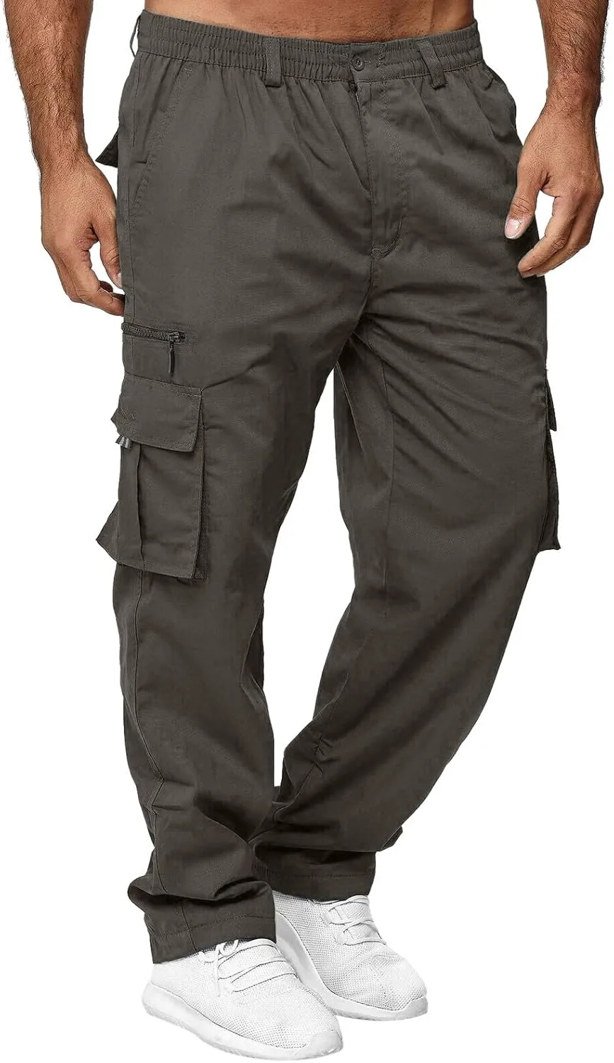 Mens Cargo Joggers Lightweight Tactical Hiking Sweatpants with Pockets Elastic Drawsting Relaxed Fit Workout Slacks