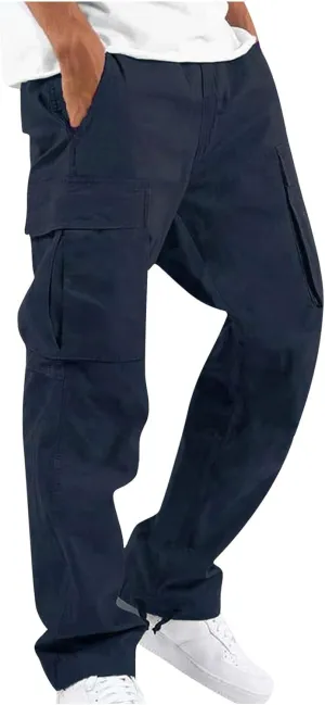 Men's Cargo Pants Relaxed fit Stretch Cargo Work Pants Drawstring Waist Straight Leg Lounge Pants with Multi Pockets