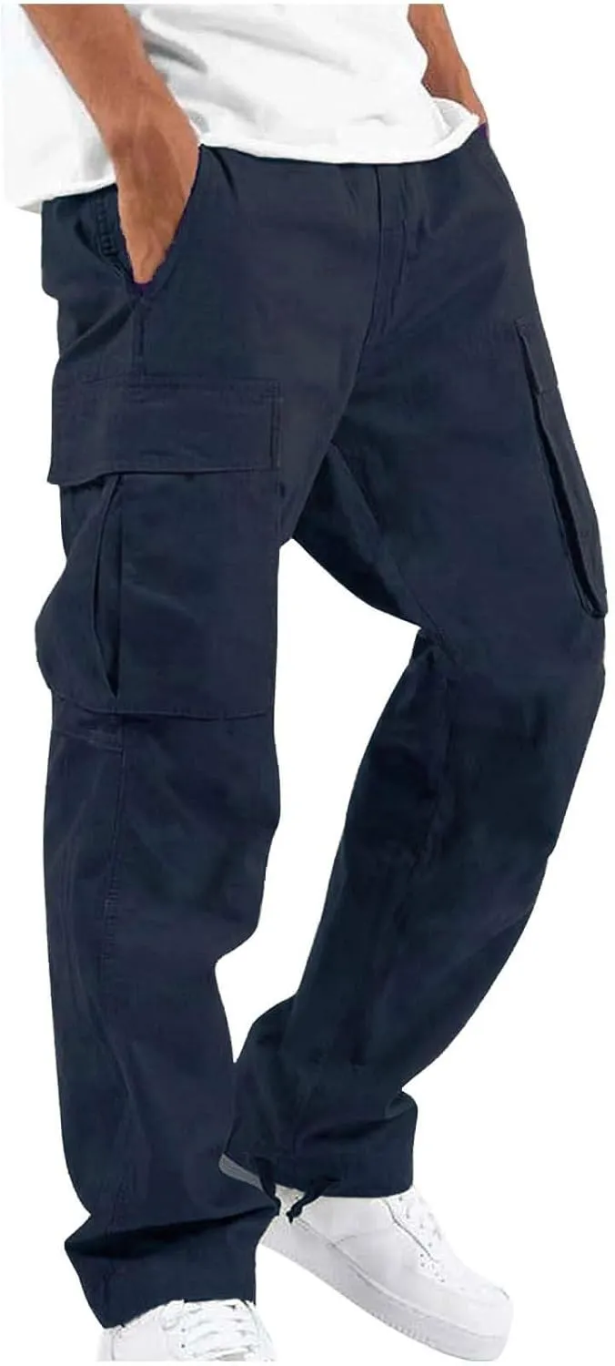 Men's Cargo Pants Relaxed fit Stretch Cargo Work Pants Drawstring Waist Straight Leg Lounge Pants with Multi Pockets