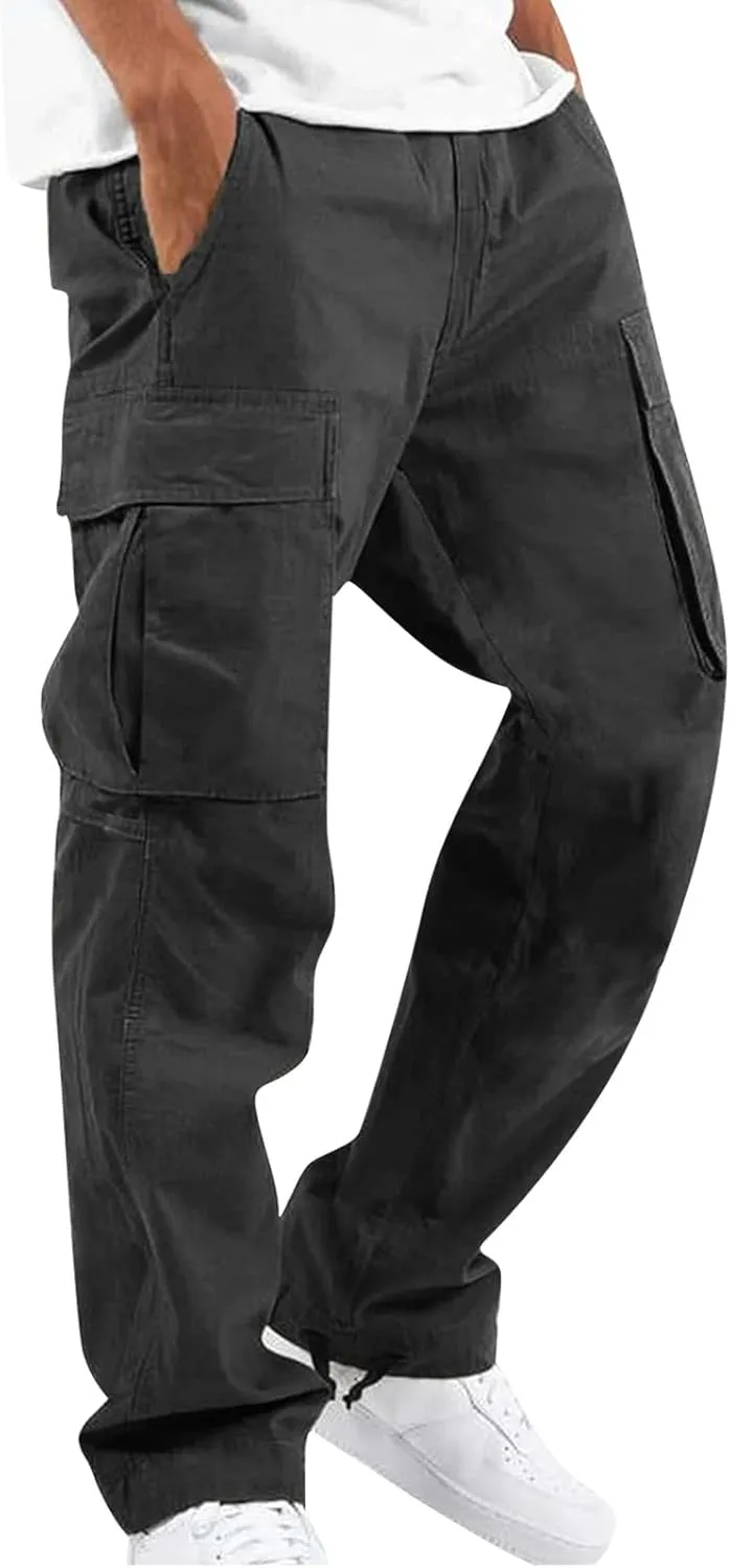 Men's Cargo Pants Relaxed fit Stretch Cargo Work Pants Drawstring Waist Straight Leg Lounge Pants with Multi Pockets