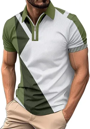 Mens Casual Polo T Shirt Zipper Button Pullover Tops Patchwork Short Sleeve Blouse Classic Golf Shirt