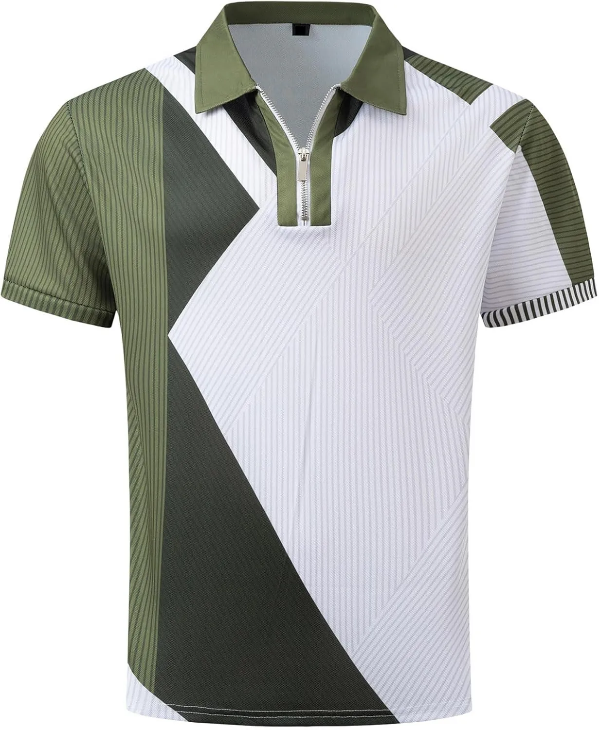 Mens Casual Polo T Shirt Zipper Button Pullover Tops Patchwork Short Sleeve Blouse Classic Golf Shirt