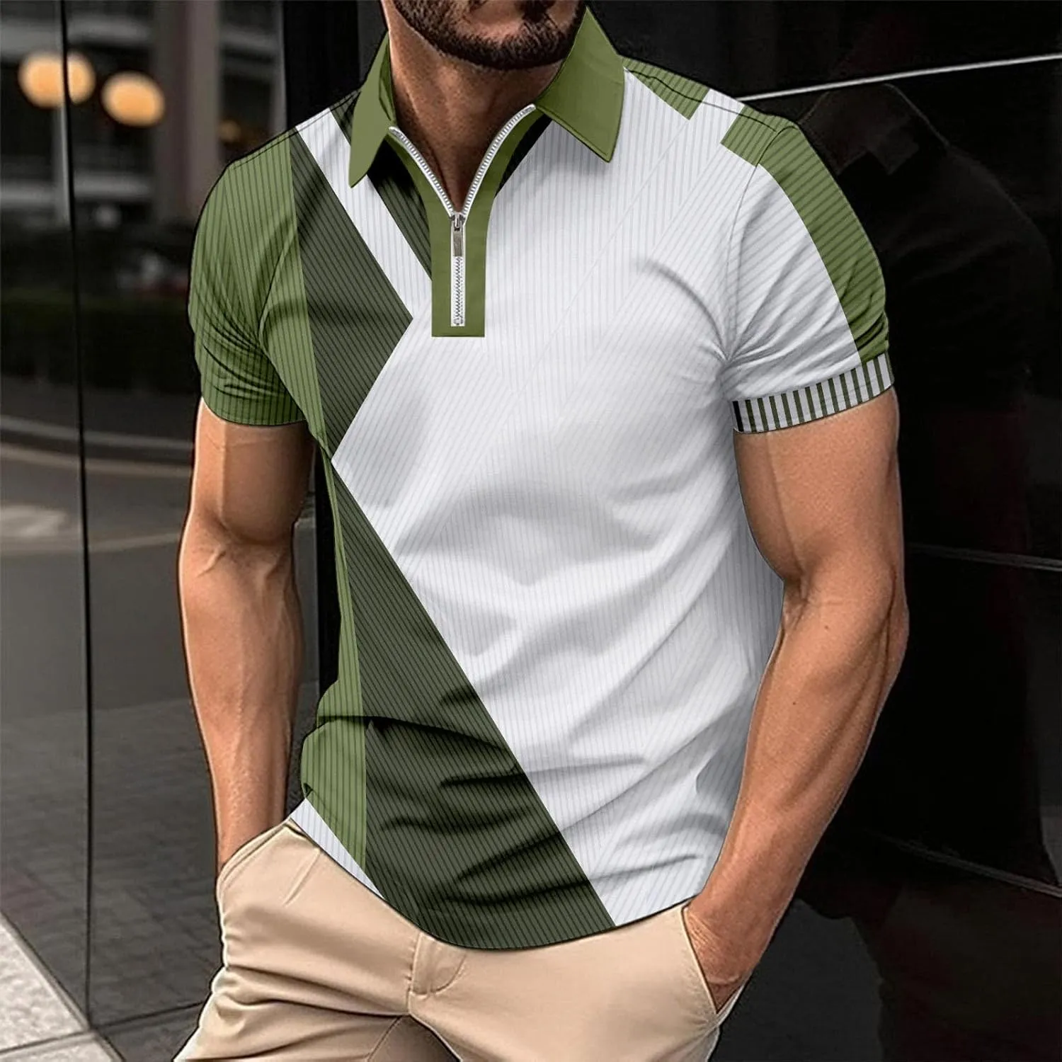 Mens Casual Polo T Shirt Zipper Button Pullover Tops Patchwork Short Sleeve Blouse Classic Golf Shirt